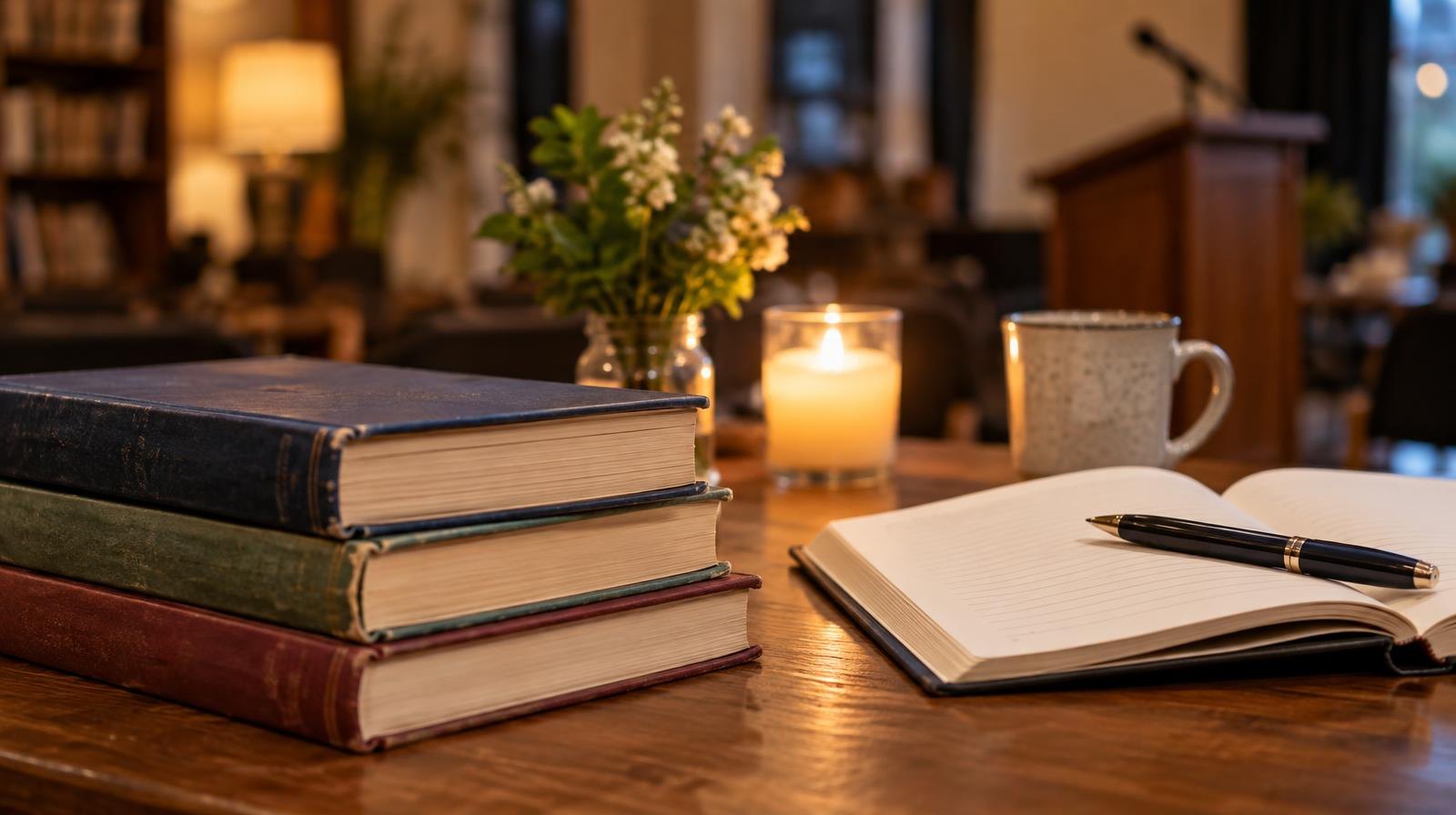 Stack of hardcover books next to an open notebook and pen on a wooden table.
