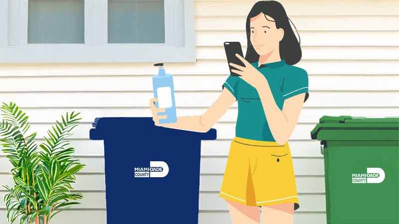 Illustration of a woman scanning a plastic bottle with a phone next to blue recycling and green trash bins.