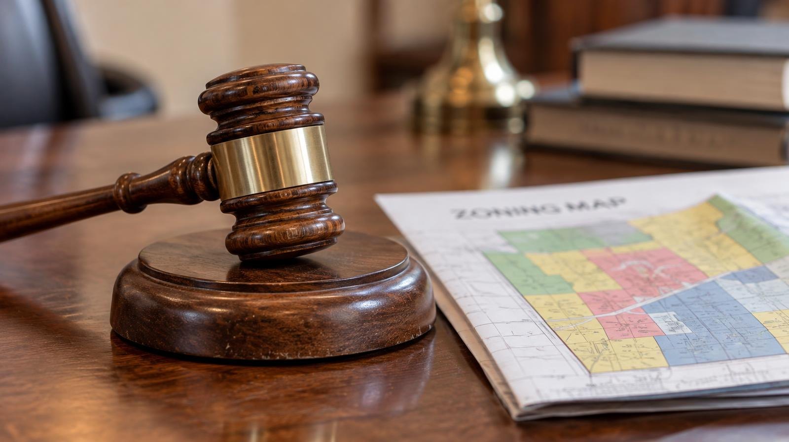 A wooden gavel rests on its sound block beside a folded map on a table.