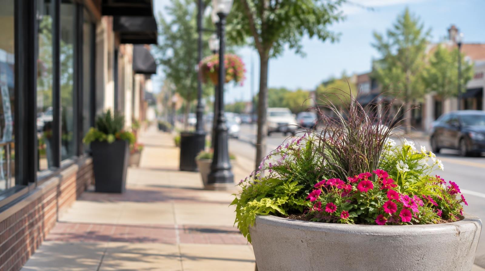 Suburban commercial street with storefronts, lamp posts, and planted trees along a multi-lane road.