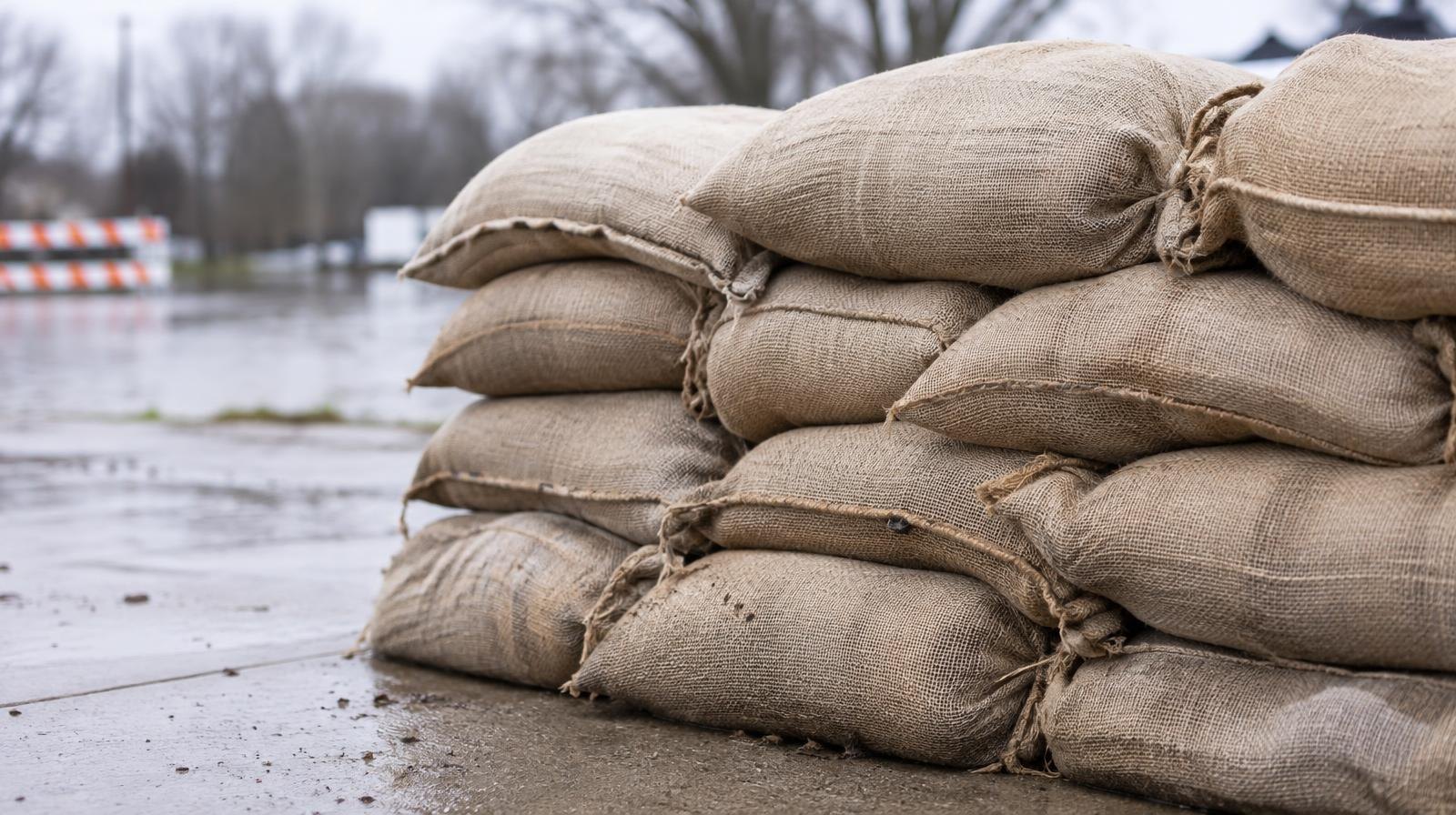 A neat stack of filled burlap sandbags on a concrete surface outdoors.