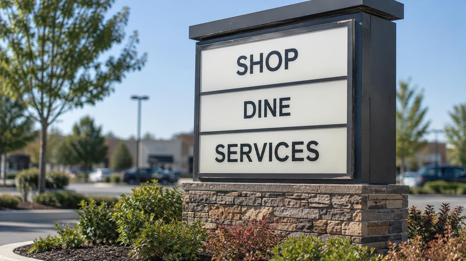Illuminated commercial monument sign standing in a landscaped parking lot median.