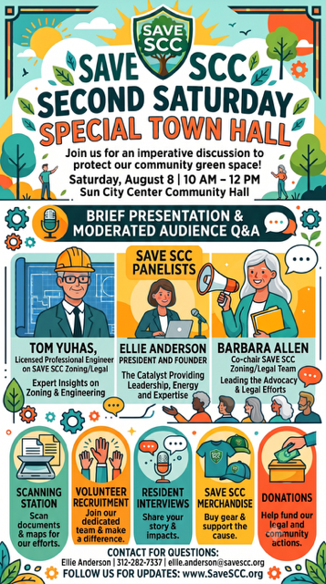 Event flyer for Save SCC Town Hall listing panelists, date, time, and venue details.