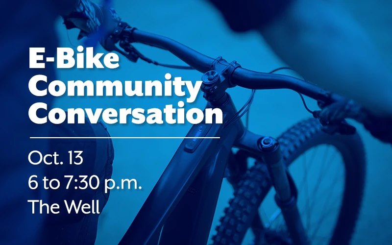 Event flyer with a blue-tinted bicycle handlebar image announcing a community conversation about e-bikes.