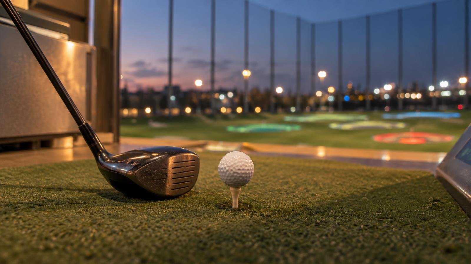 A golf club and ball on a tee at a lit driving range with colorful targets in the distance.