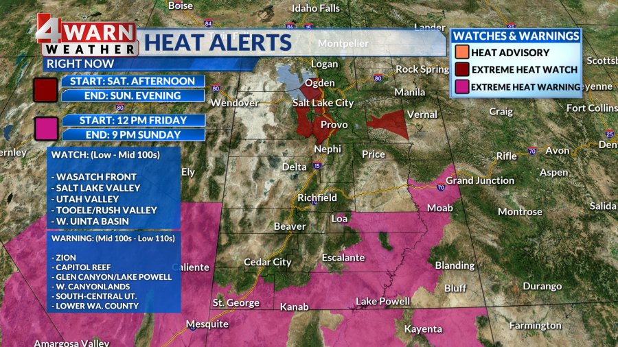 Weather map showing color-coded heat alert zones across Utah with warning details.