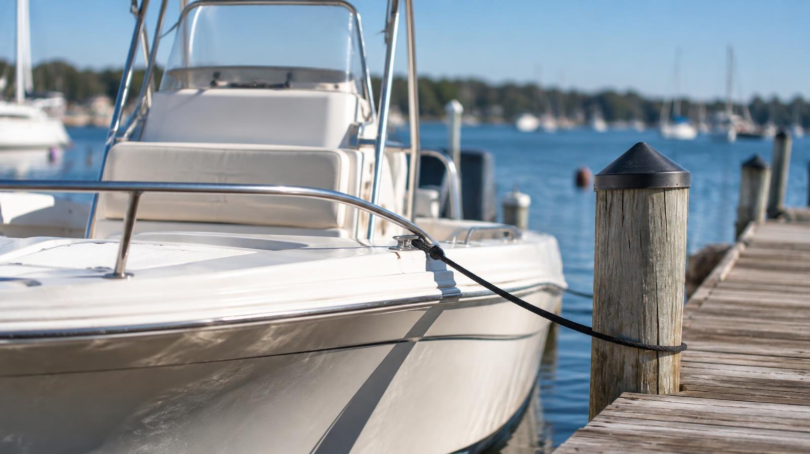 Small white motorboat tied to a wooden dock on calm blue water.