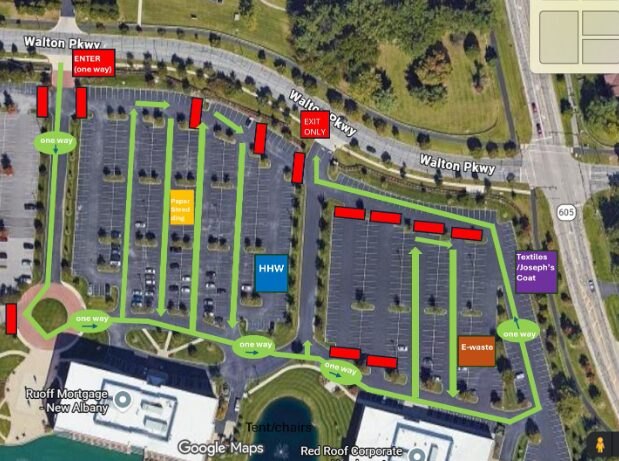 Aerial parking lot map with colored zones and arrows showing event drop-off lanes.