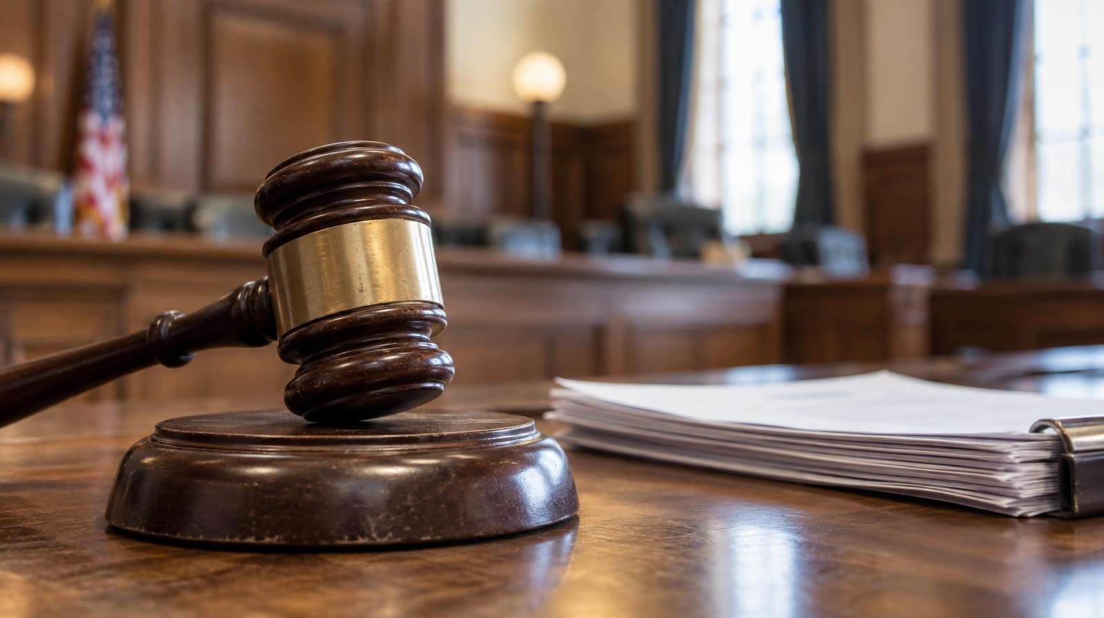 A wooden gavel resting on its sound block on a courtroom desk.