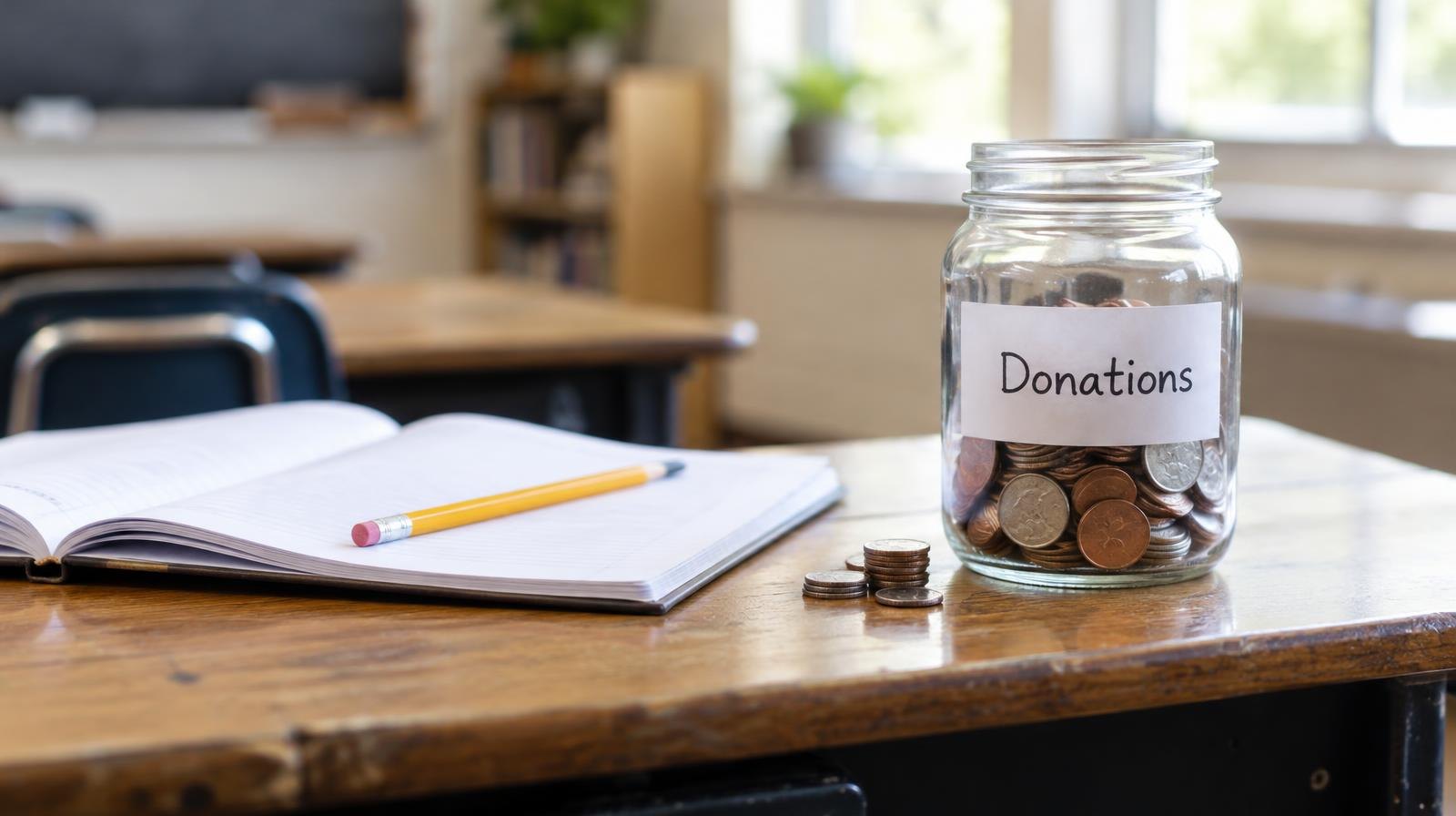 A wooden school desk with an open notebook, pencil, and coins beside a small jar.