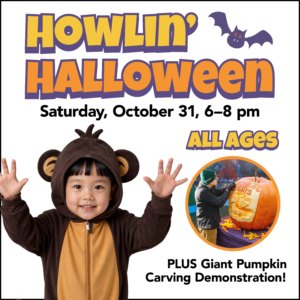 Event flyer showing a child in a Halloween costume and an inset photo of a person carving a large pumpkin.
