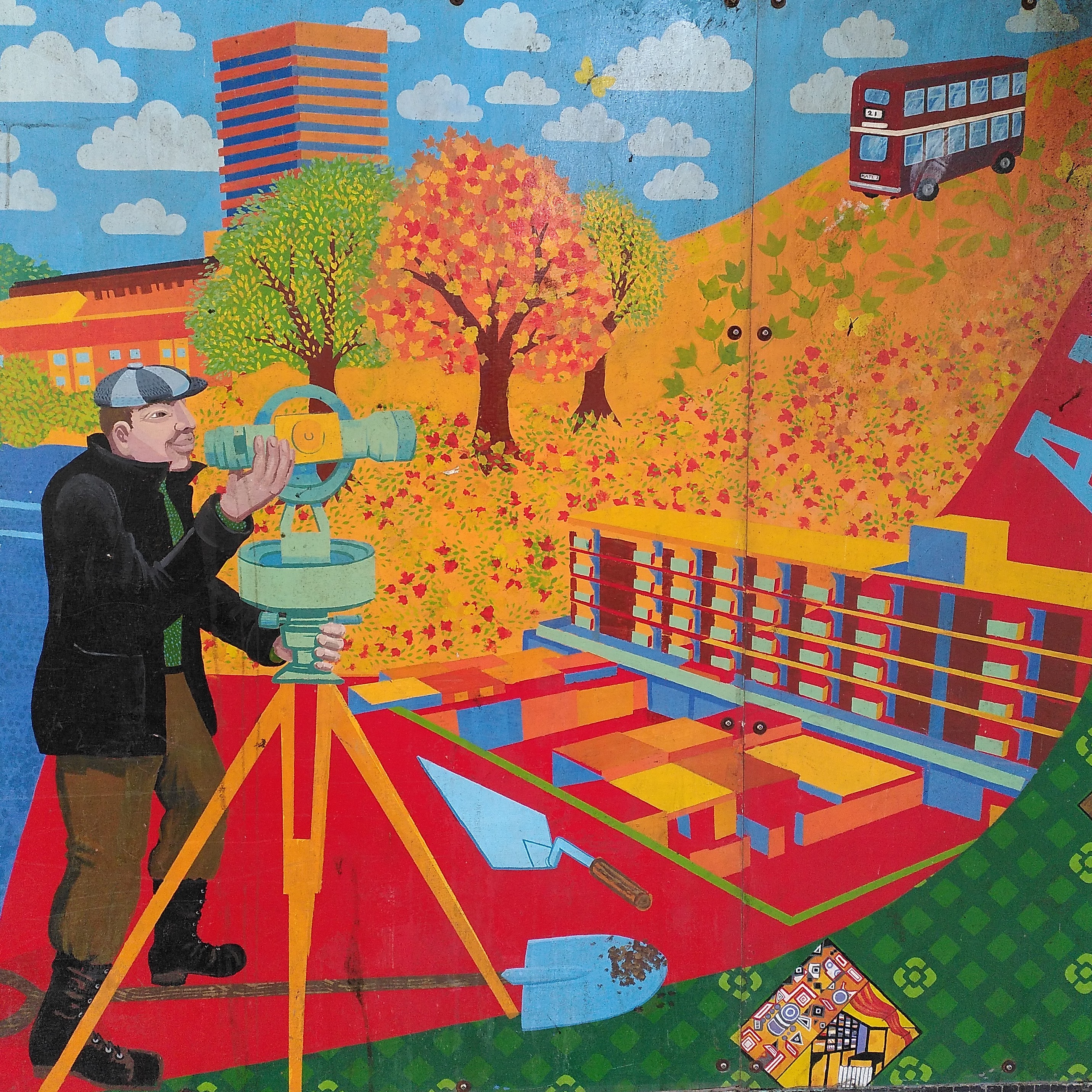 Vibrant painted mural showing a figure with a surveying tripod, buildings, trees, and a red double-decker bus.