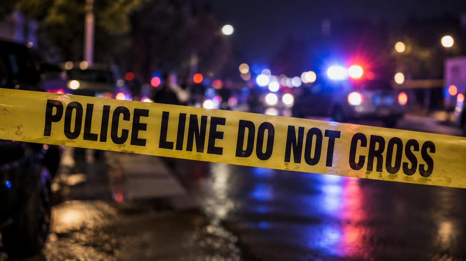 Yellow police crime scene tape stretched across an outdoor area at night with blurred emergency lights.