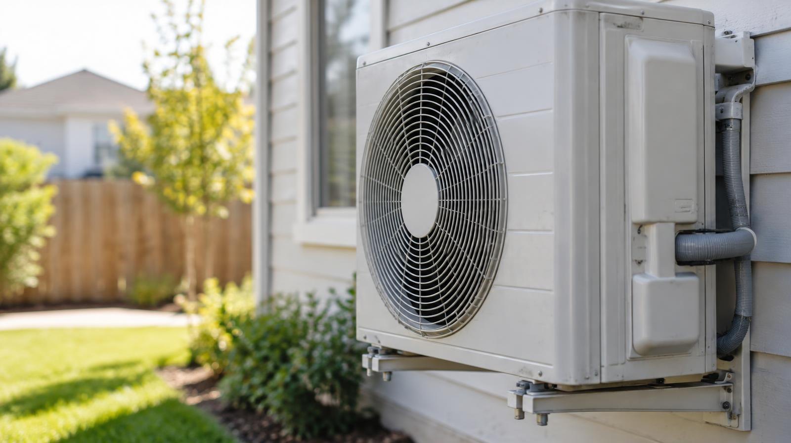 A modern heat pump unit mounted on the outside wall of a house.