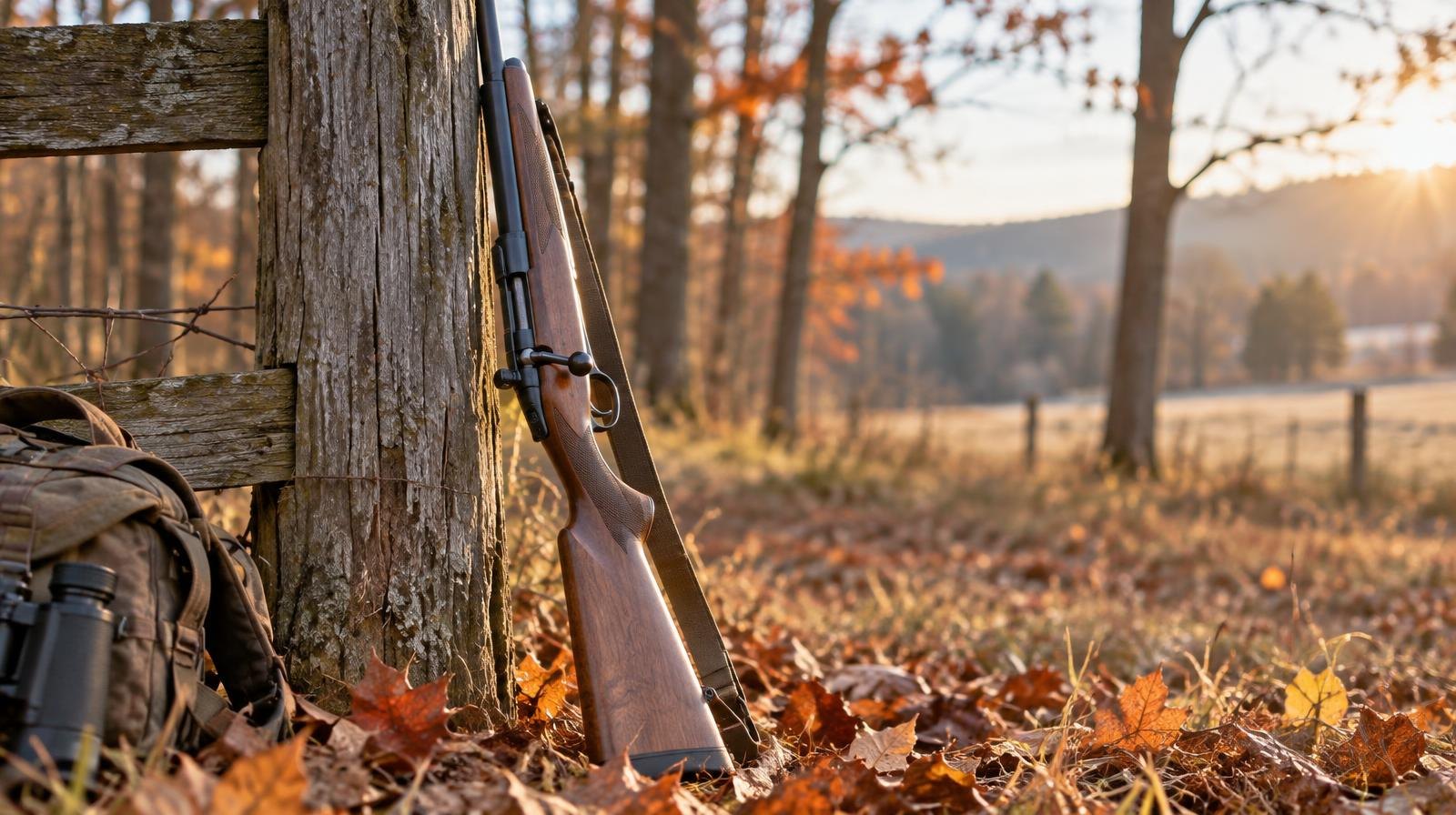 A rifle leaning against a wooden fence post surrounded by autumn leaves.