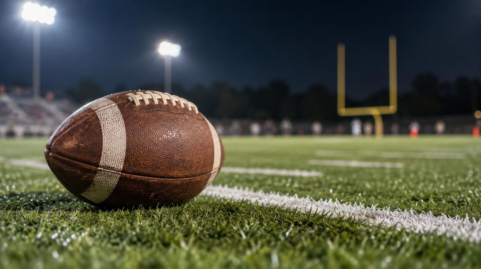 An American football sitting on green turf beside a white yard line.