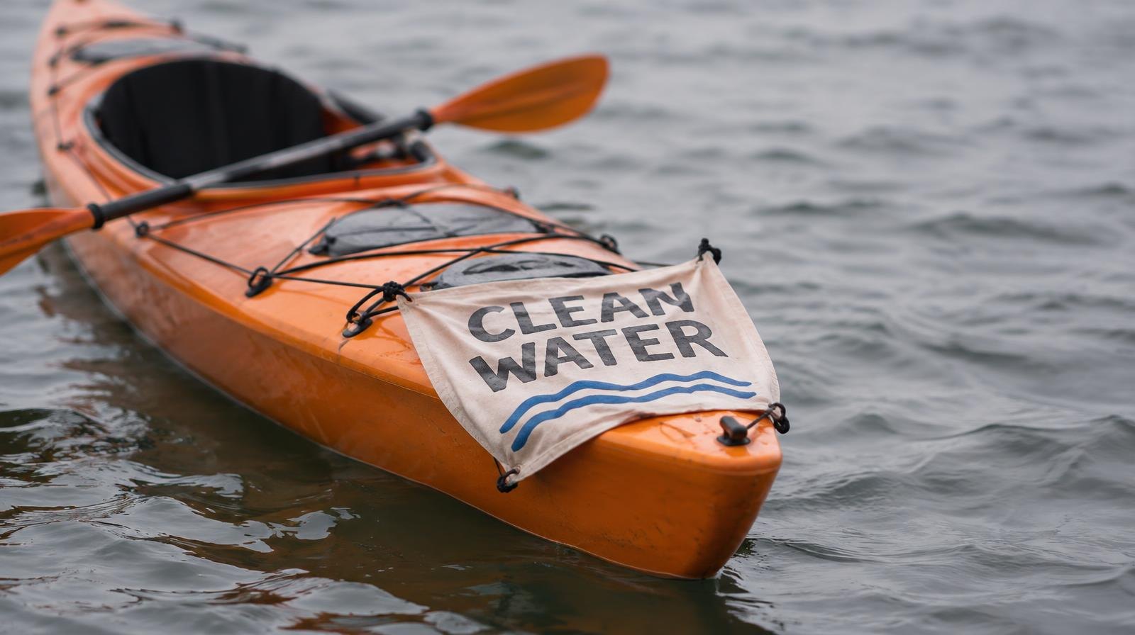 An orange kayak floating on calm open water under an overcast sky.