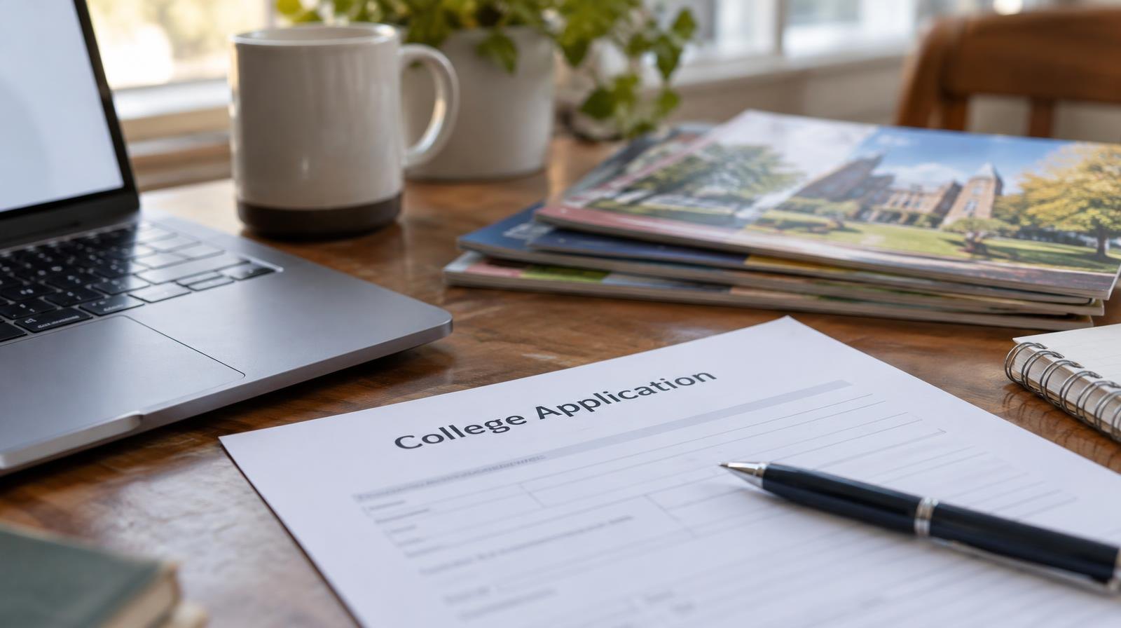 A laptop and pen beside university brochures on a desk.