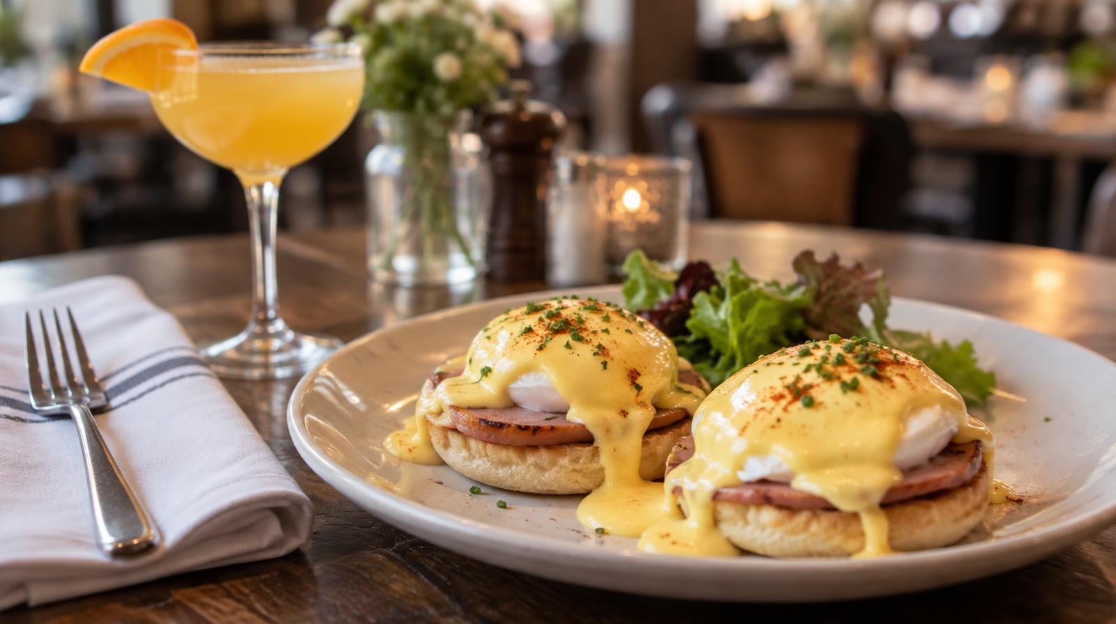 Eggs Benedict with hollandaise sauce beside a cocktail glass on a restaurant table.