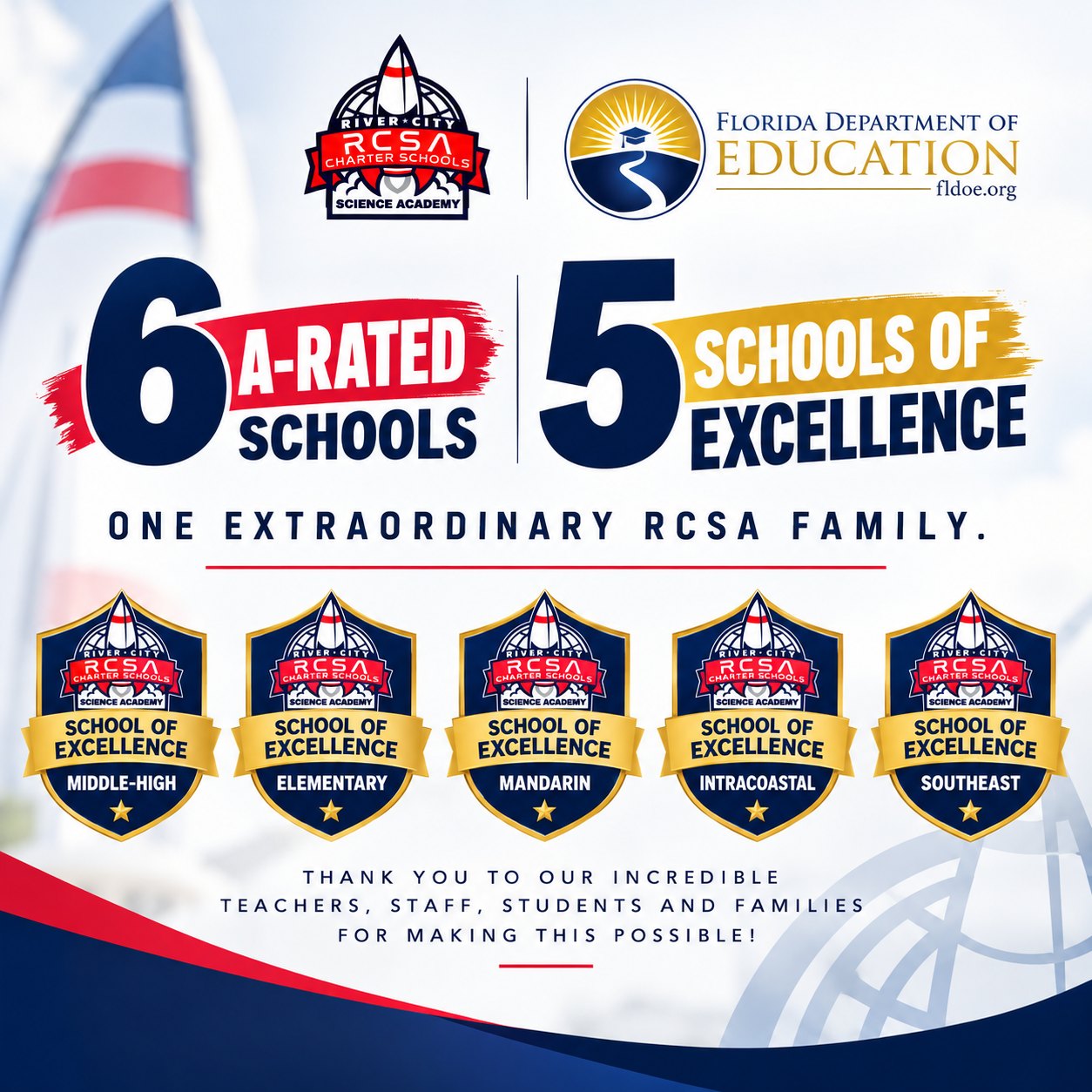 Infographic showing five shield badges labeled with RCSA campus names and School of Excellence designation.