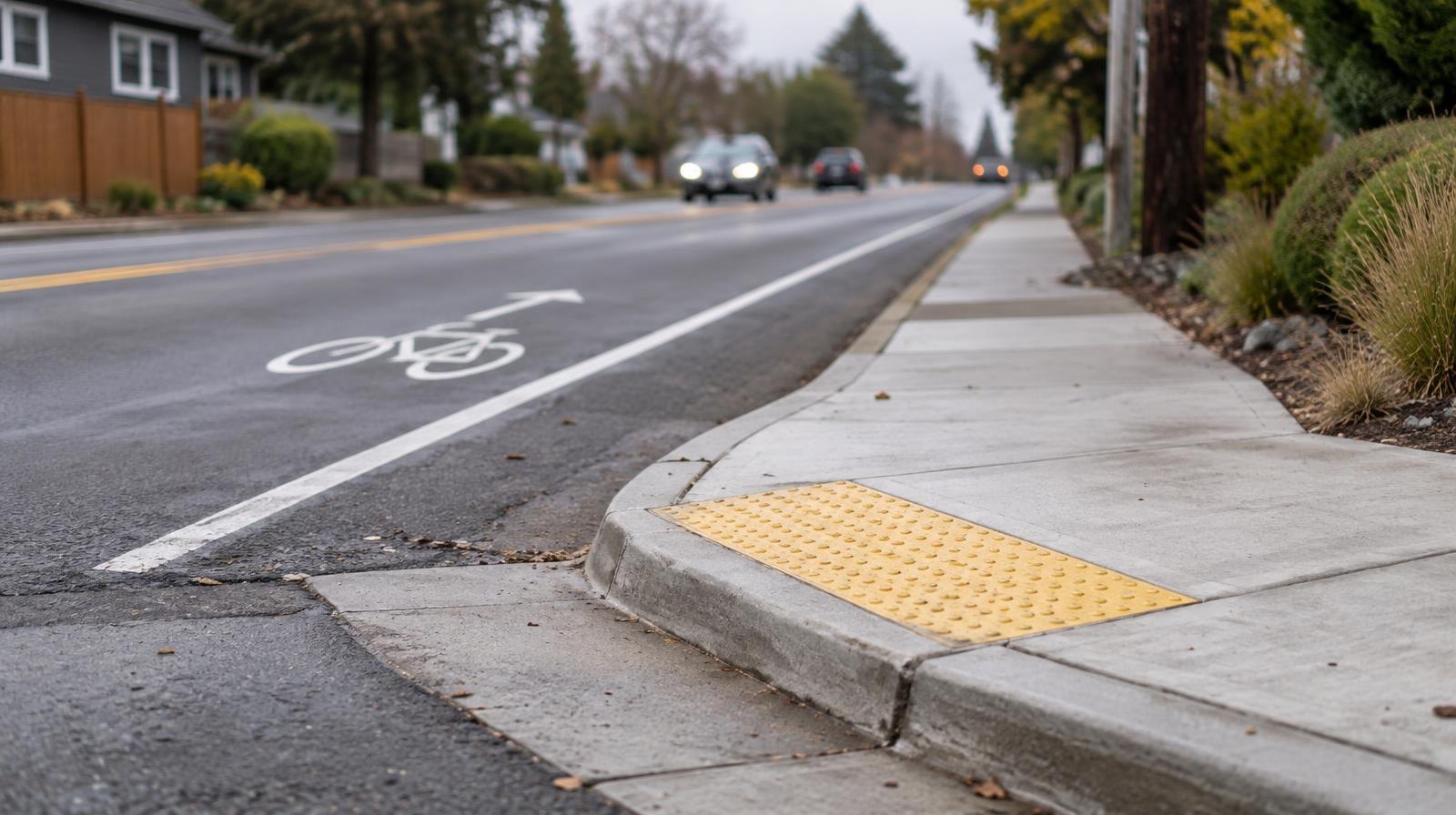 Concrete sidewalk with curb ramp beside a two-lane street with bicycle lane markings.