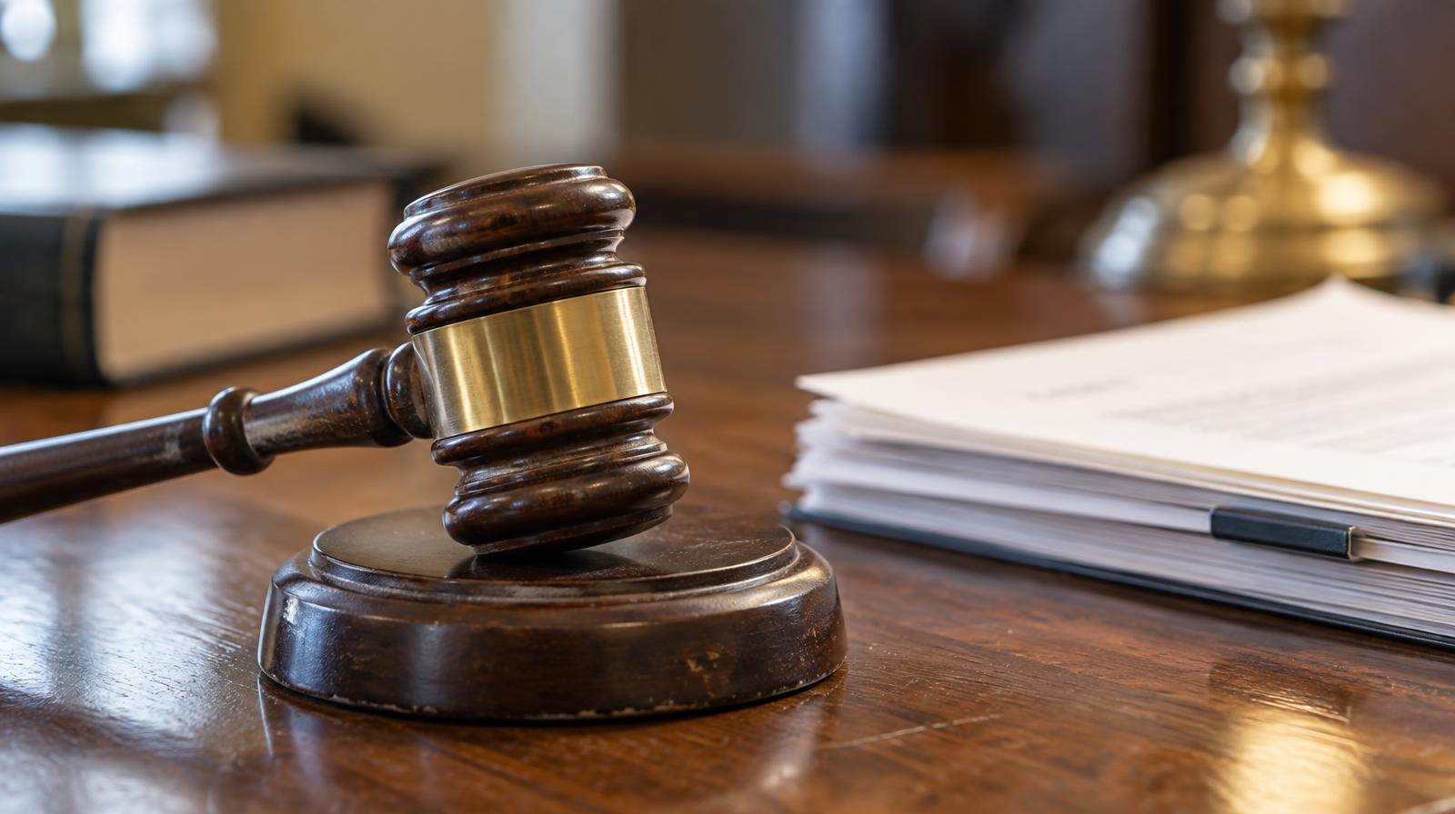 Wooden gavel on sound block next to stacked documents on a table.