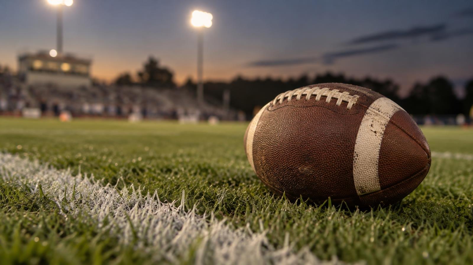 An American football resting on green grass near a white yard line under stadium lights.