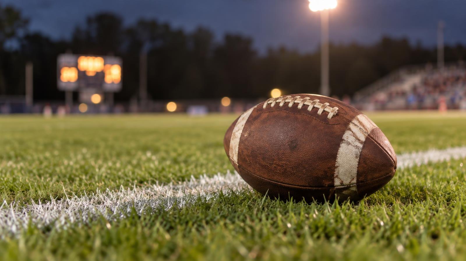 An American football resting on green grass beside a white yard line under stadium lights.