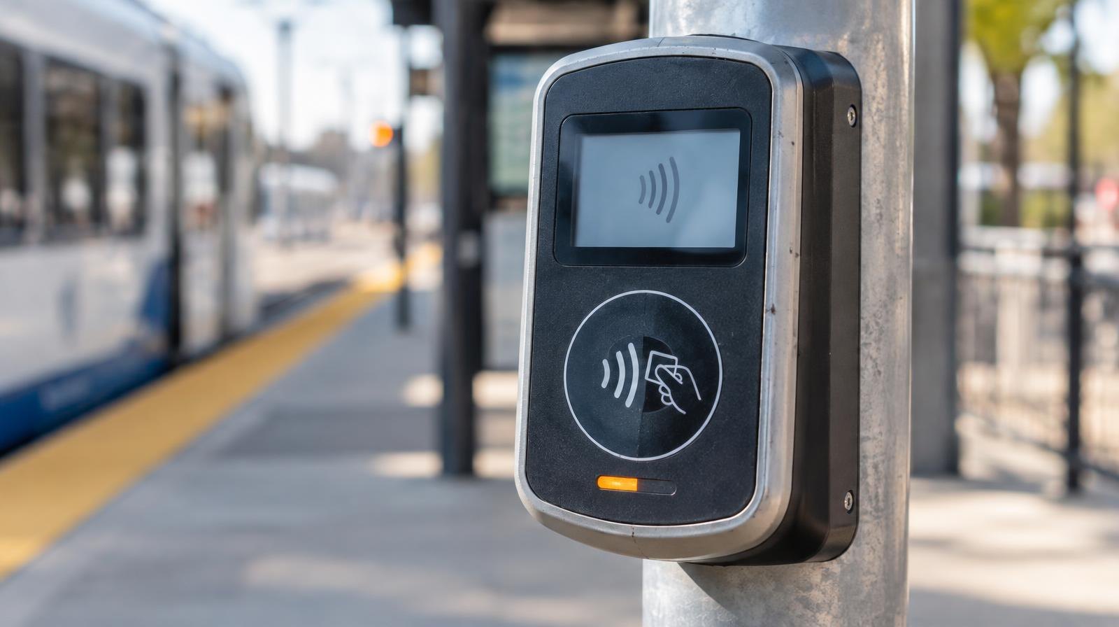 A contactless transit fare card reader mounted on a pole at a station platform.
