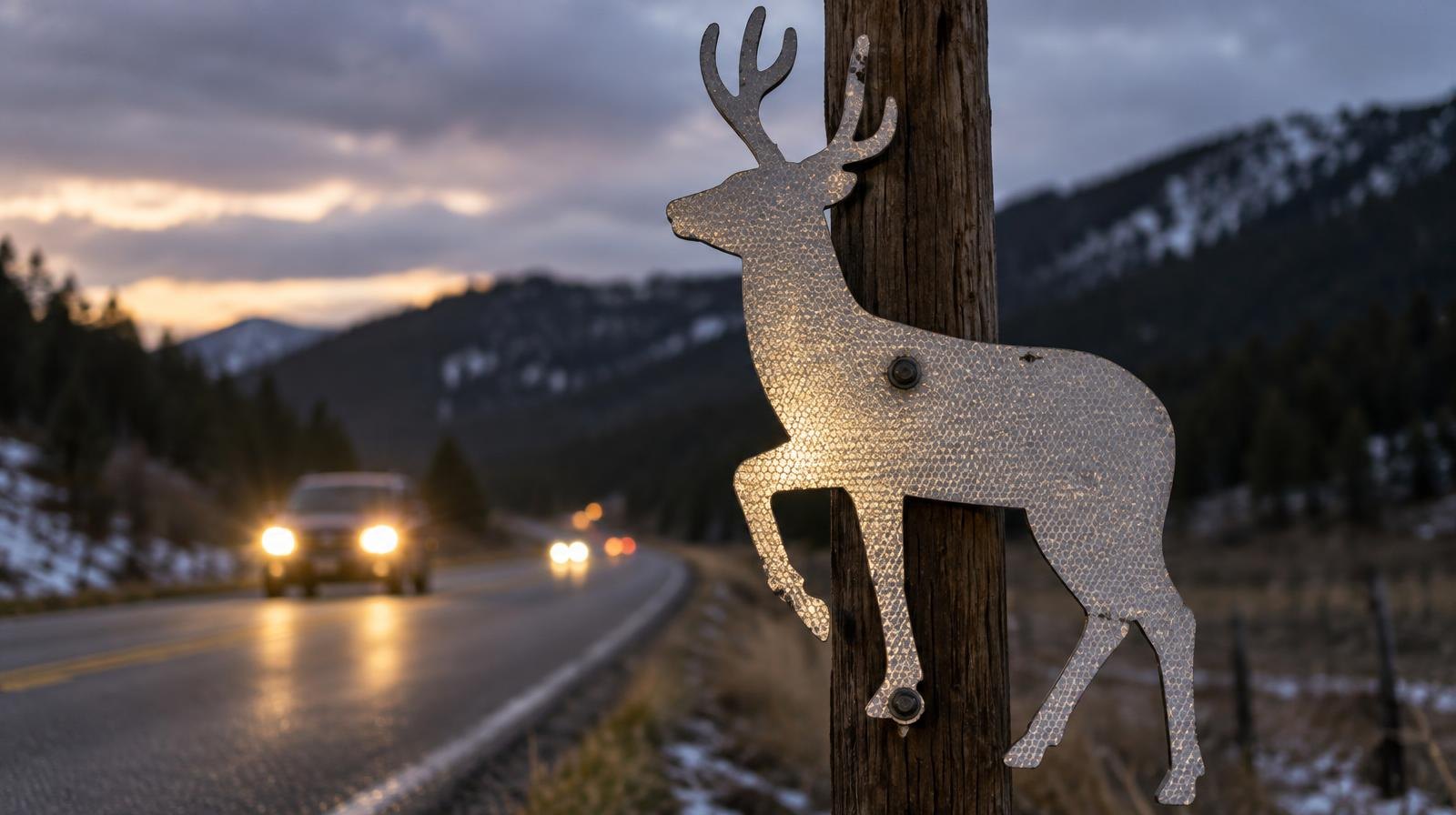 Reflective deer silhouette cutout on a post beside a rural two-lane highway at dusk.