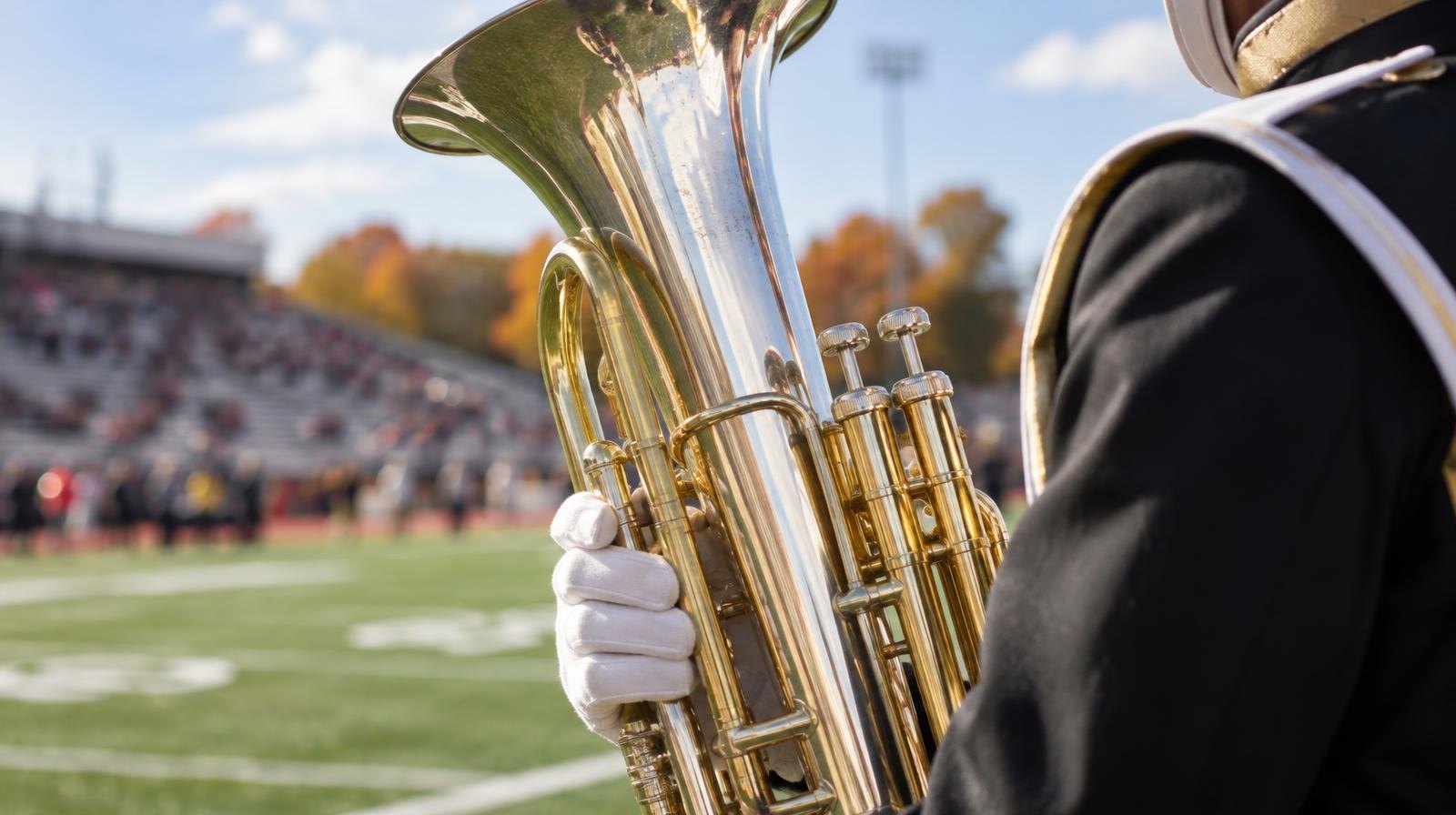 A shiny brass baritone horn held upright against a blurred green field background.
