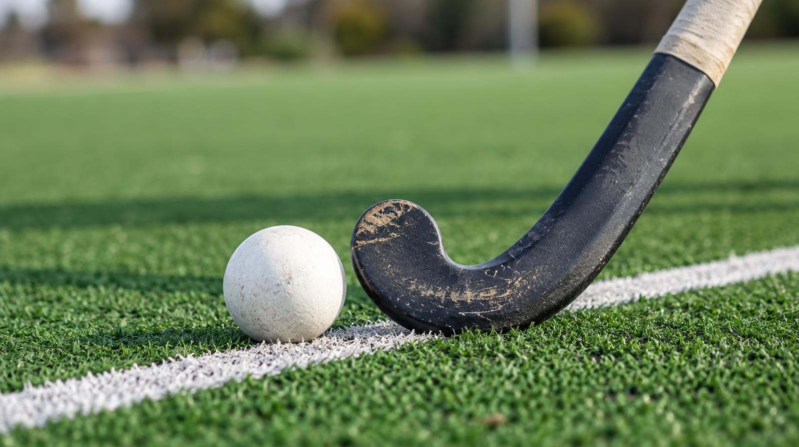 A field hockey stick and ball resting on green artificial turf near a white line.