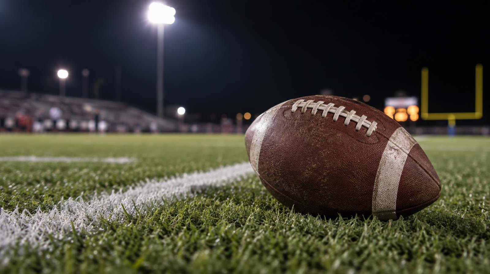 An American football resting on green grass near a white yard line under stadium lights.