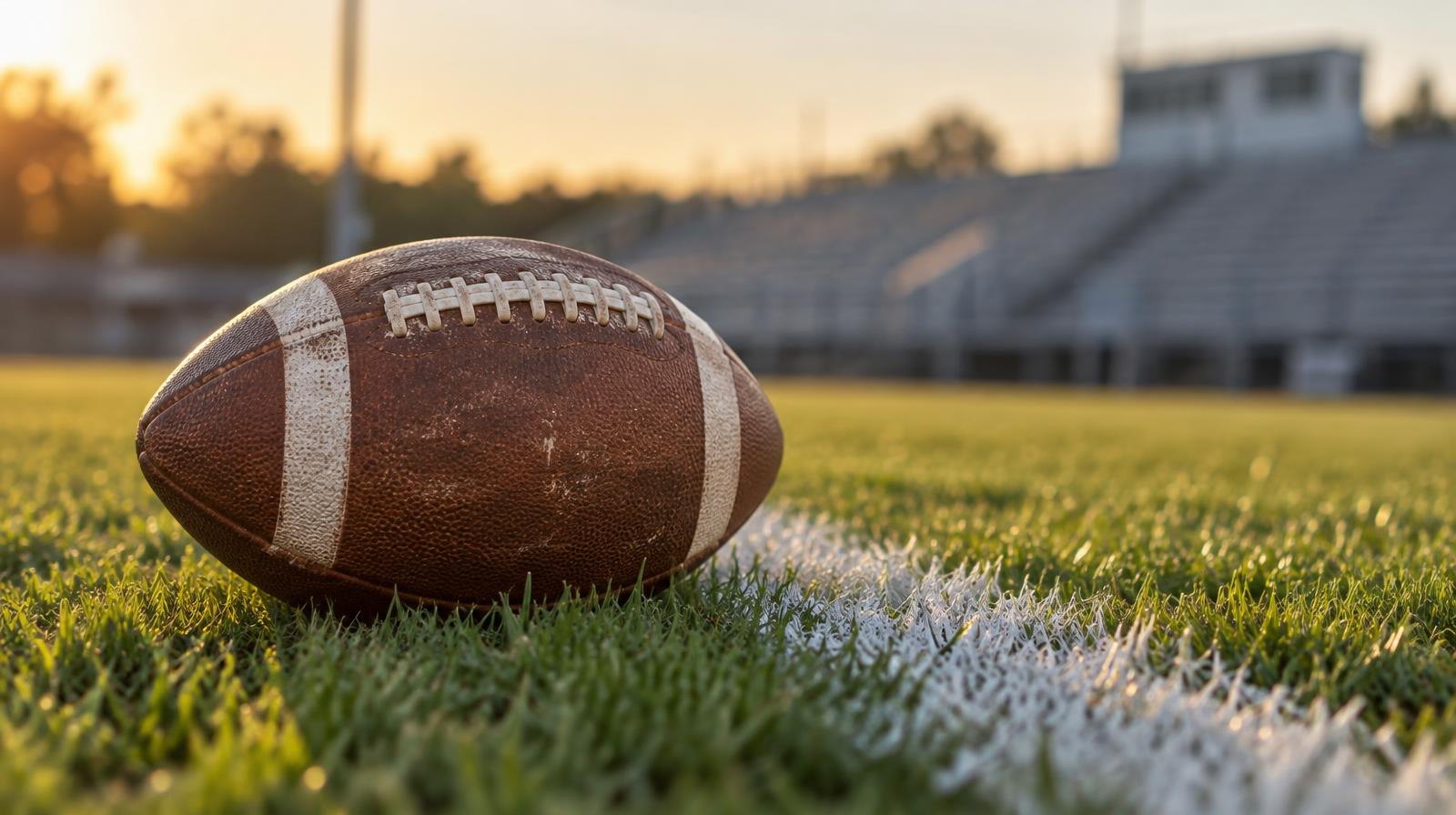 An American football resting on green grass beside a white yard line.