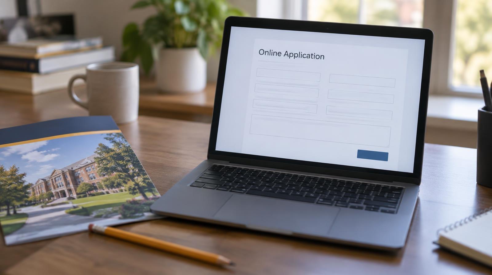 Open laptop on a desk beside a college brochure and pencil.