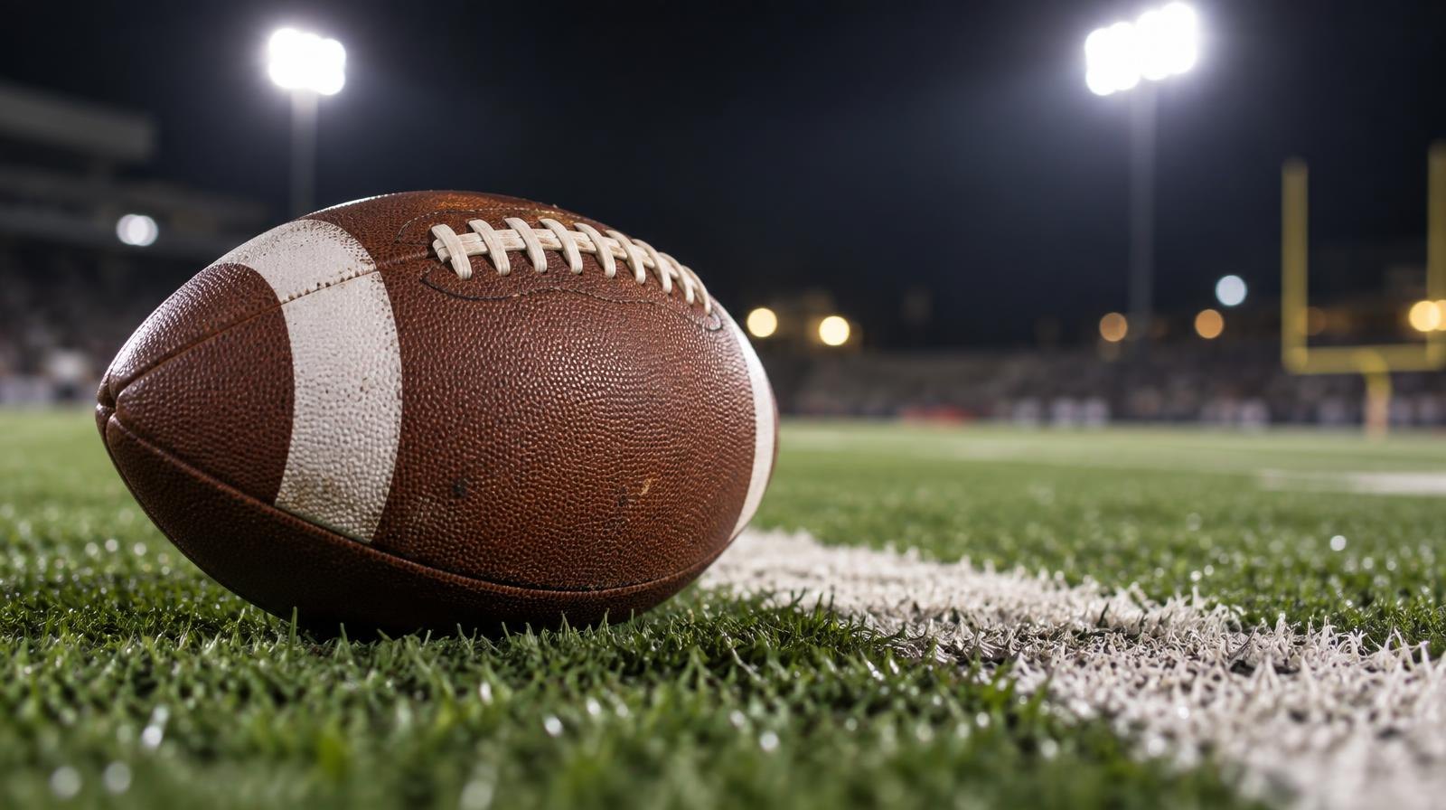 An American football on green artificial turf beside a white yard line under bright stadium lights.