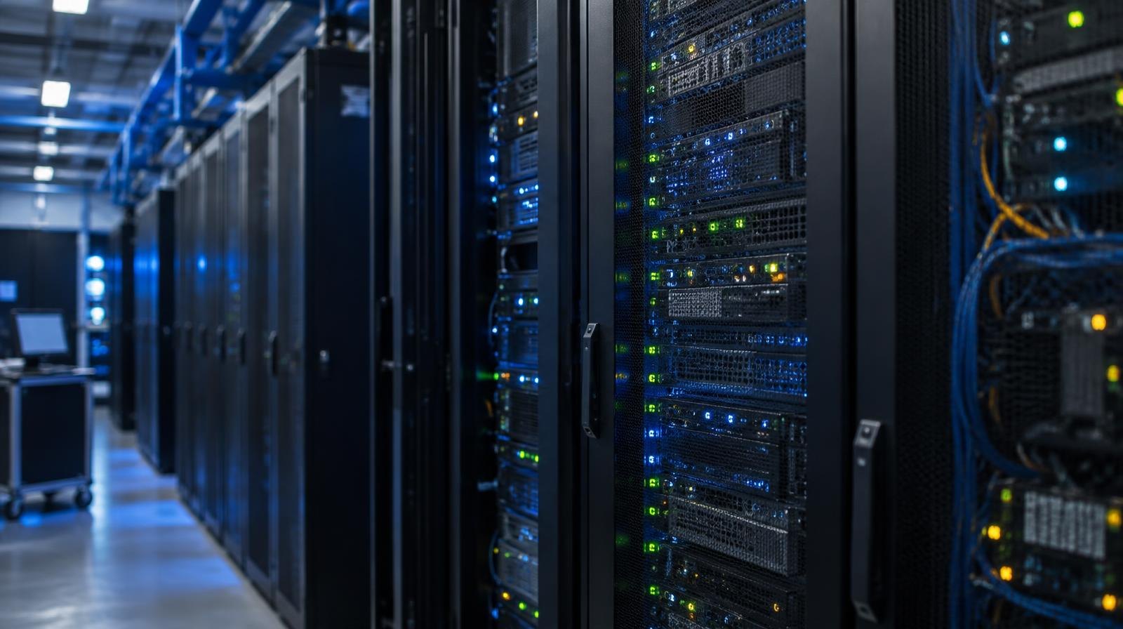 Rows of black server racks with blinking lights in a data center.