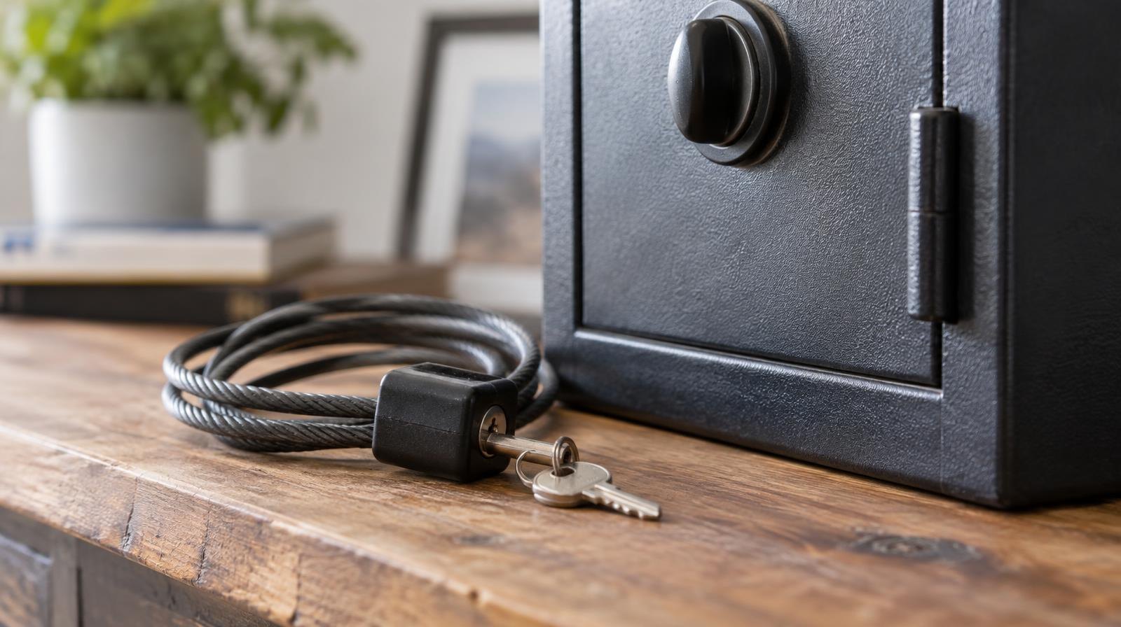 A coiled steel cable gun lock beside a closed metal gun safe on a wooden surface.