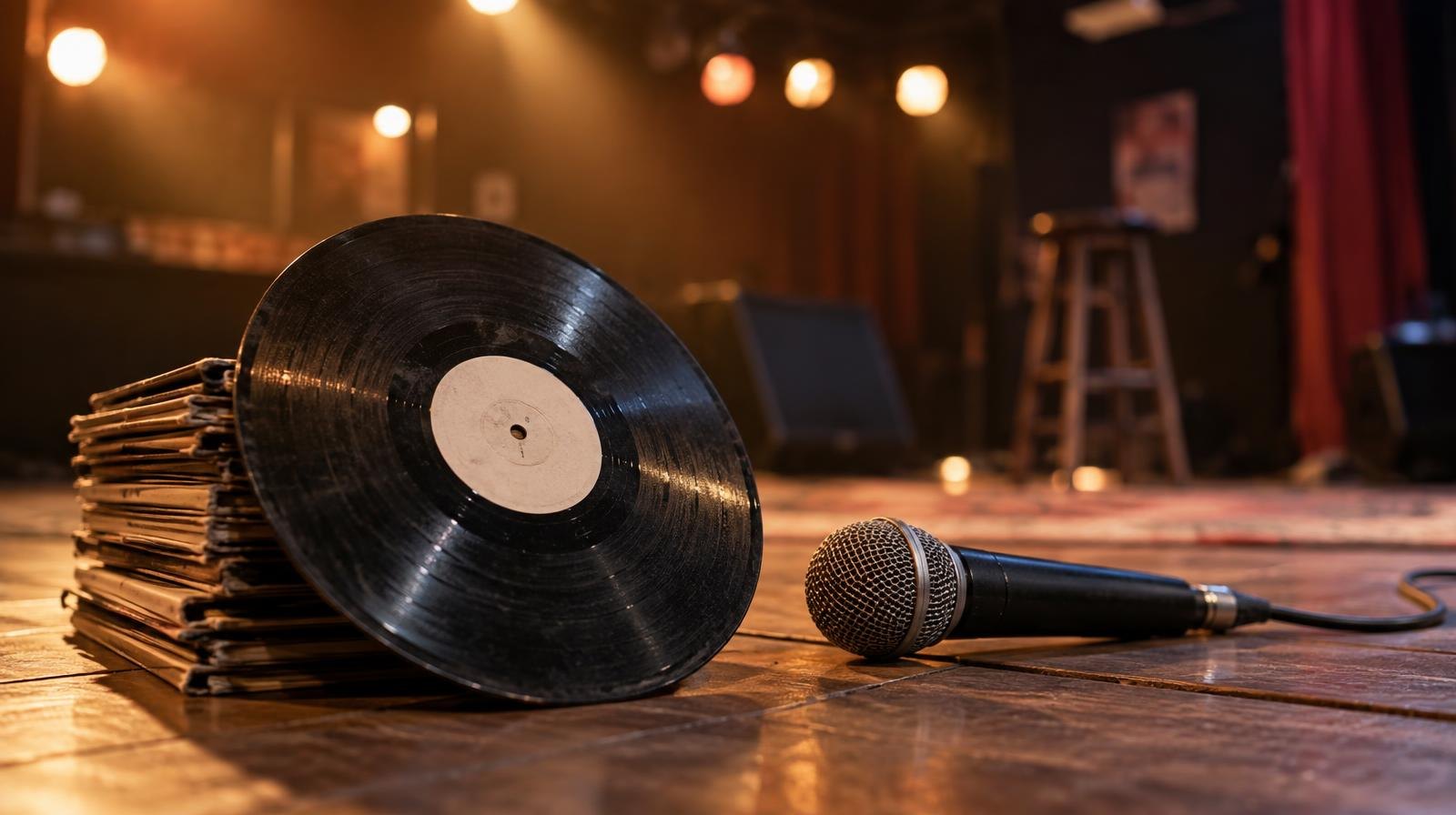 A vintage vinyl record and a microphone resting on a wooden stage under warm lighting.