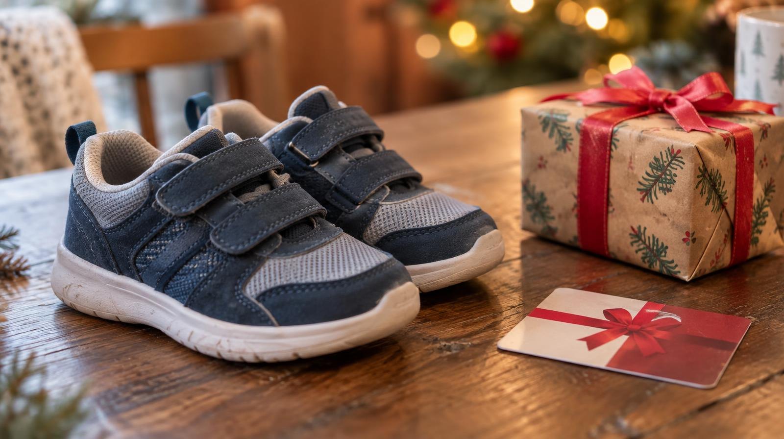 Children's sneakers, a gift card, and a small wrapped gift box on a wooden table.