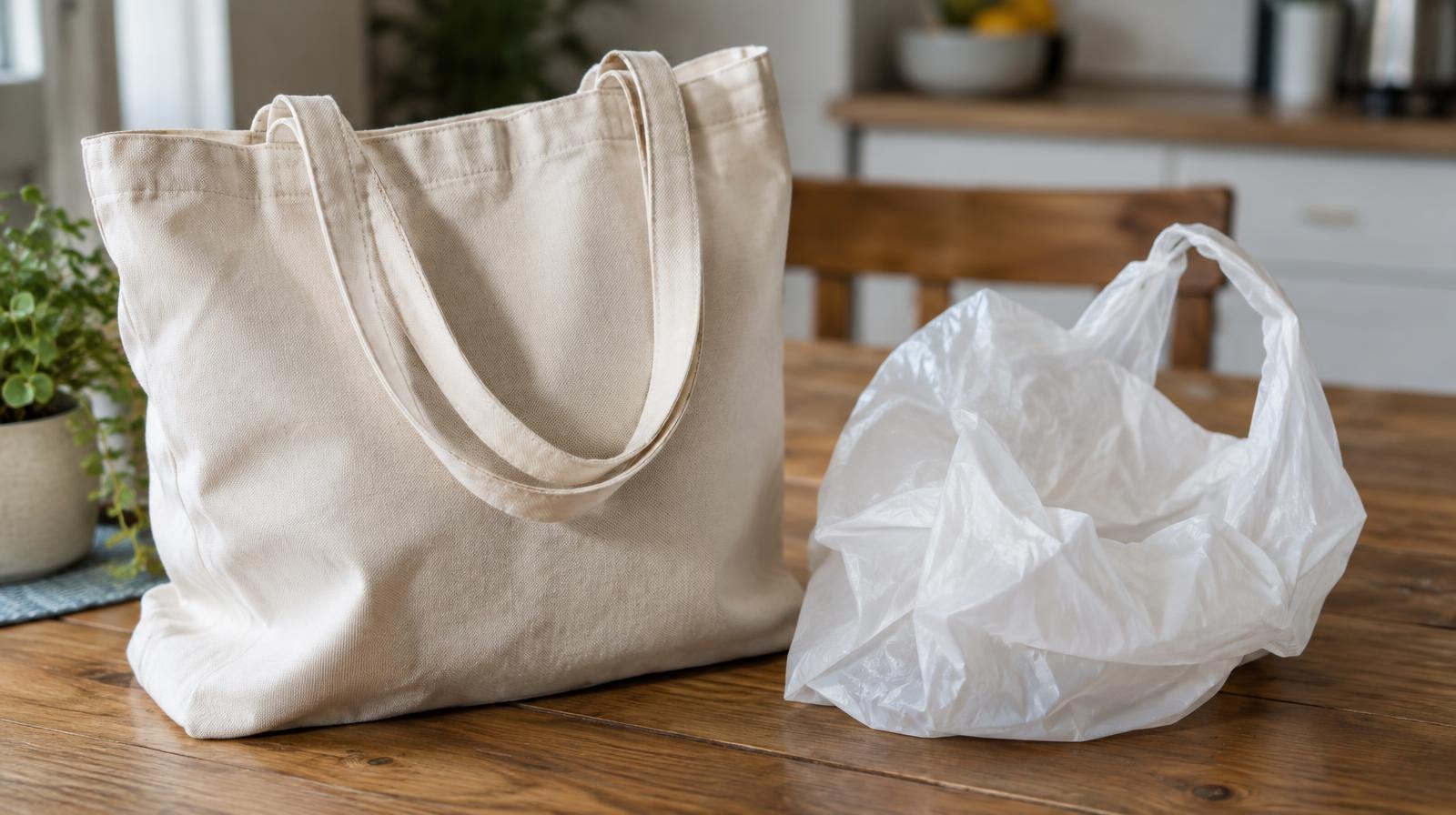 A canvas tote bag and a crumpled plastic bag on a wooden table.