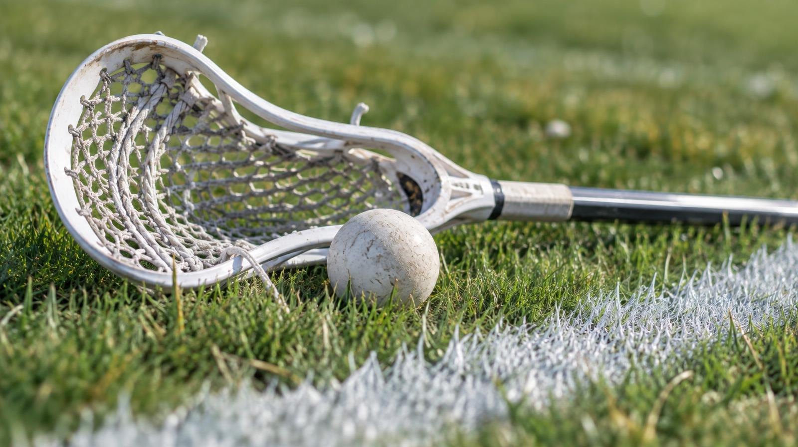 Lacrosse stick and white ball resting on green grass beside a white line.