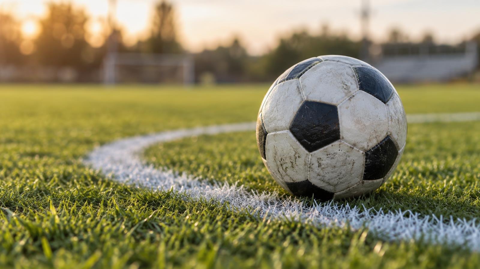 A soccer ball resting on the painted center circle of a green grass field.
