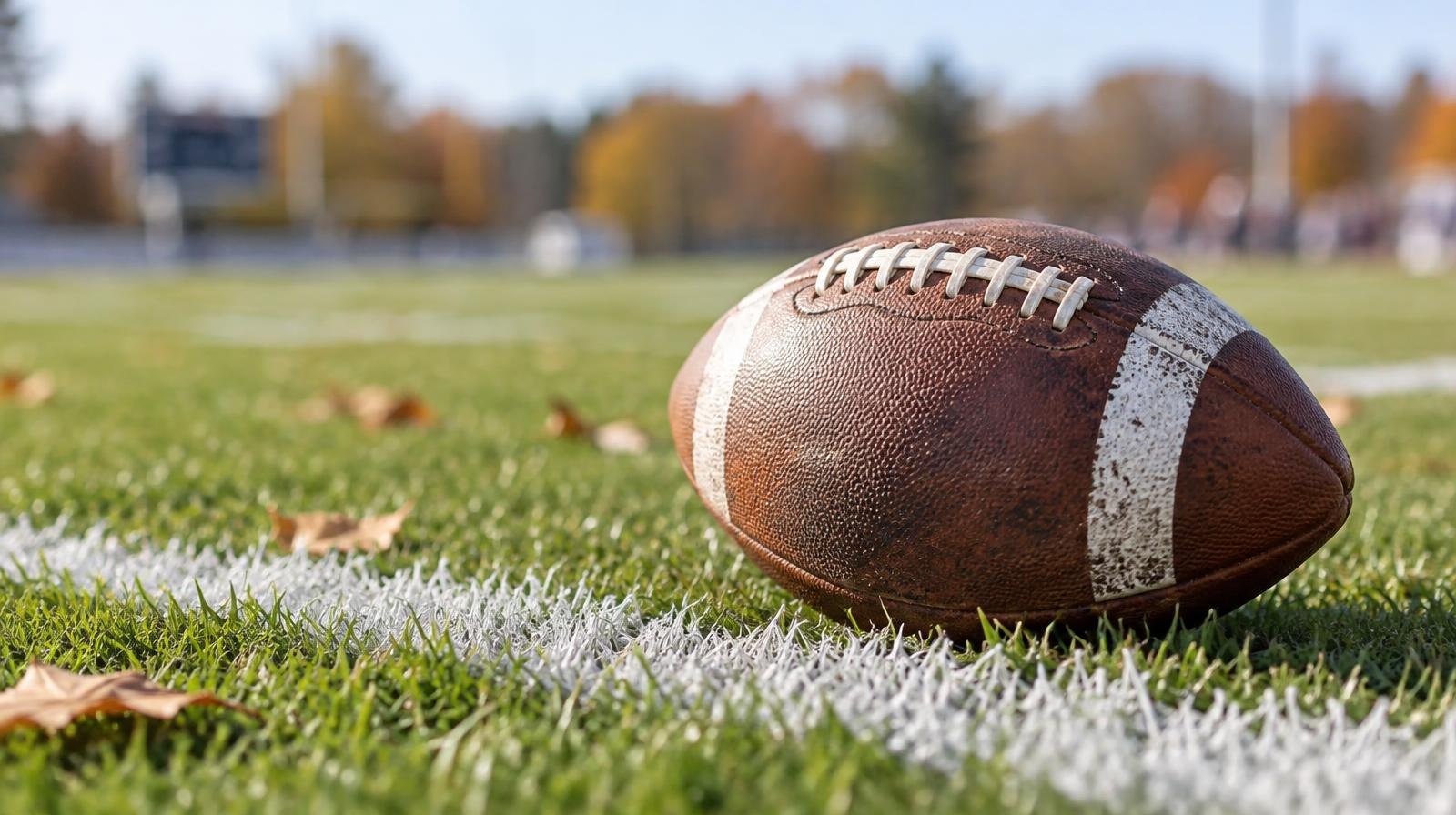 An American football resting on green grass beside a white painted yard line.