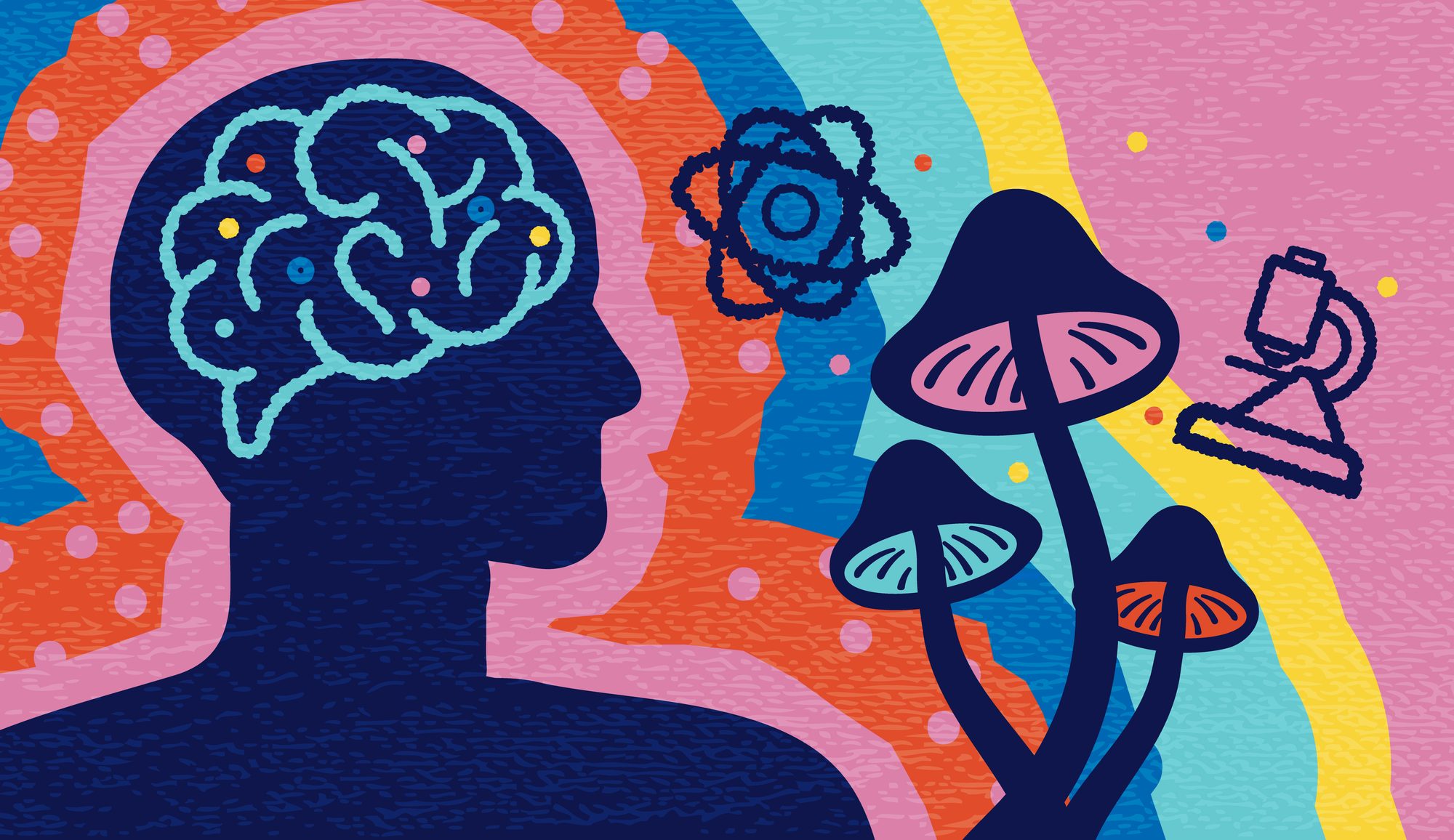 Abstract Mental Health PTSD Psilocybin mushroom treatment concept with human silhouette with brain and health management elements, symptoms, issues, science, treatment