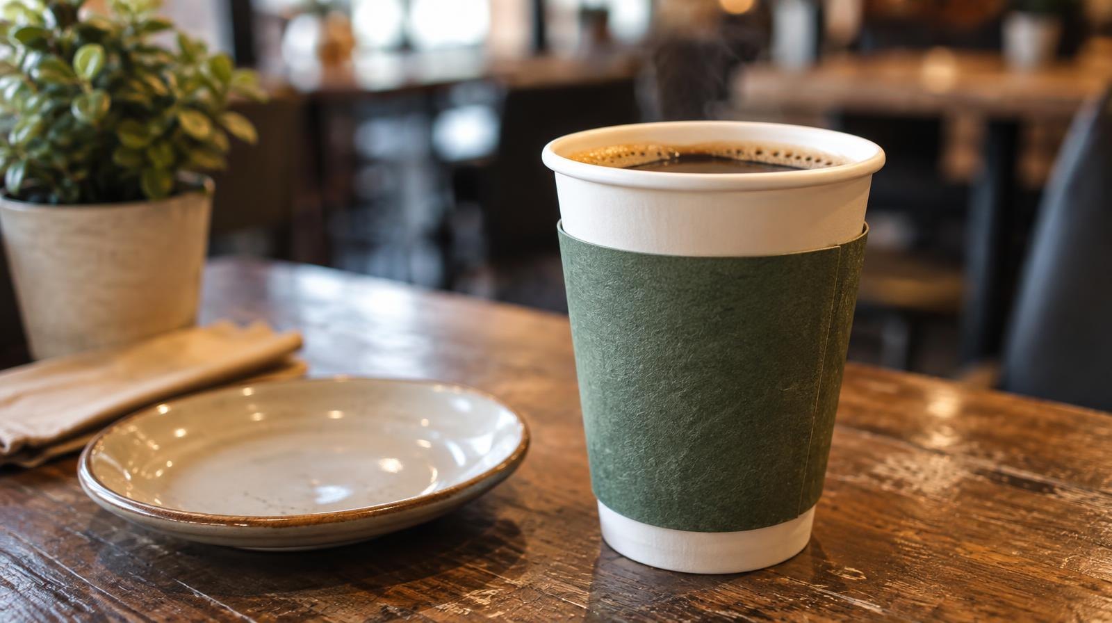 Paper coffee cup with a green sleeve resting on a wooden café table.