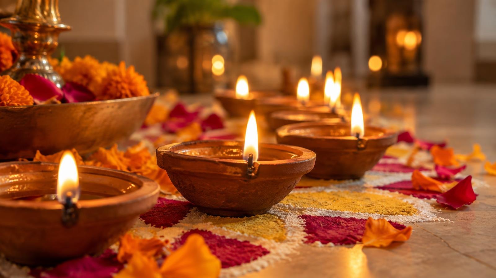 Rows of small clay oil lamps with glowing flames surrounded by colorful flower petals and powder designs.