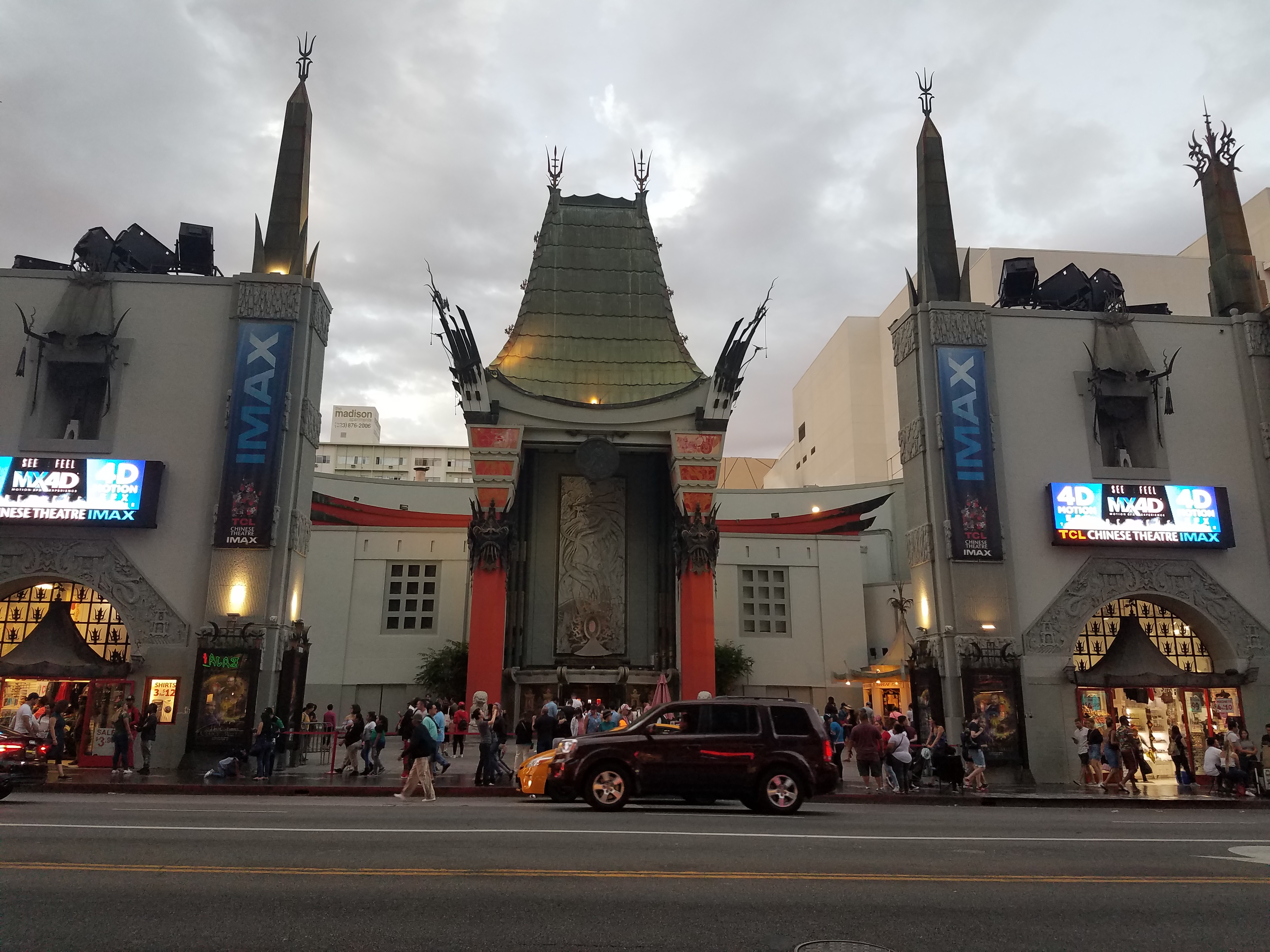 Exterior of TCL Chinese Theatre with IMAX signage and crowds gathered on the sidewalk.