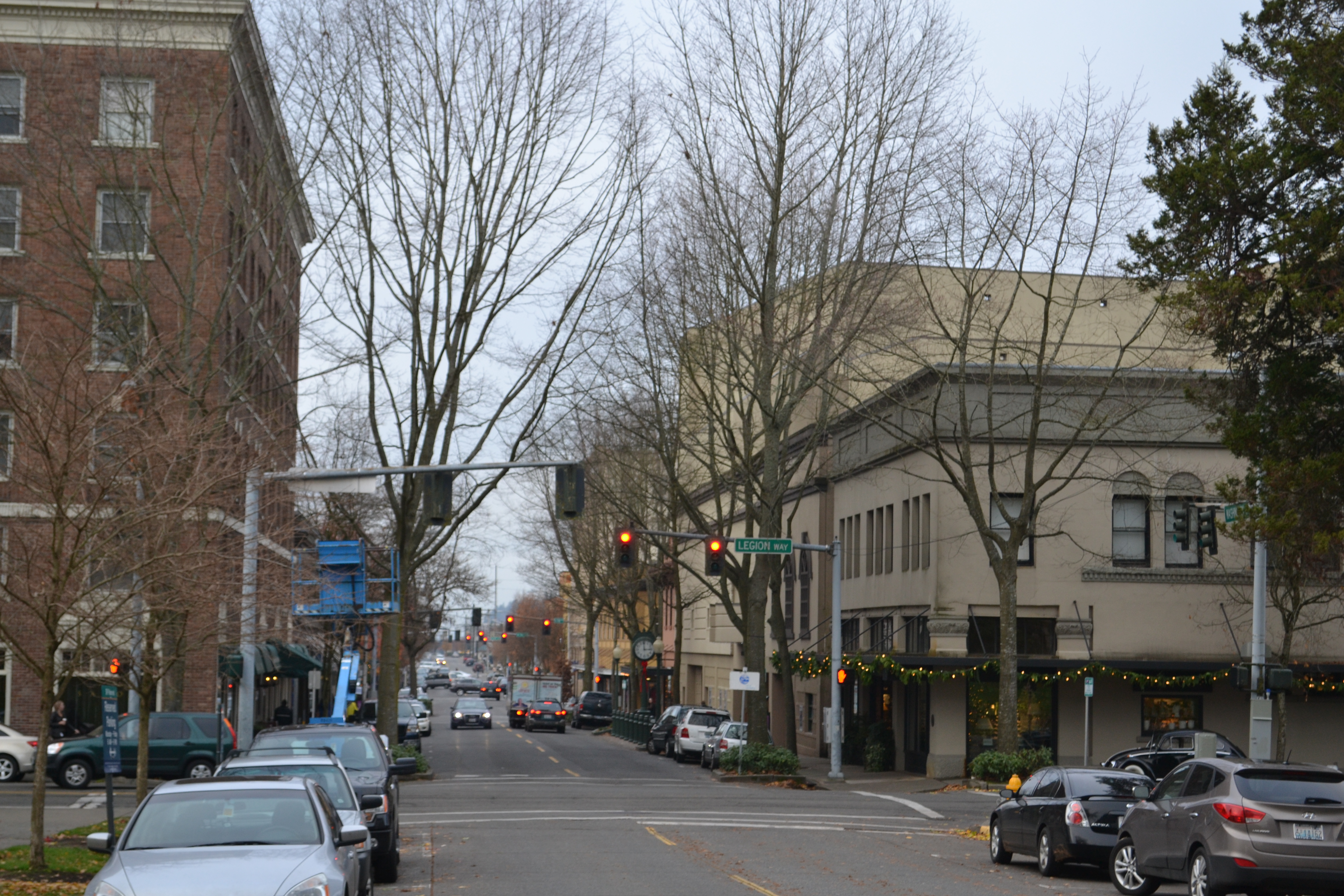 Downtown street lined with bare trees, brick buildings, and storefronts in winter.