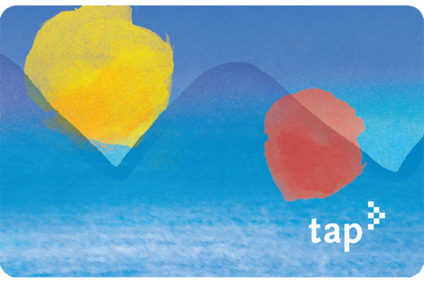 A blue TAP transit card with abstract yellow and orange shapes and the tap logo.